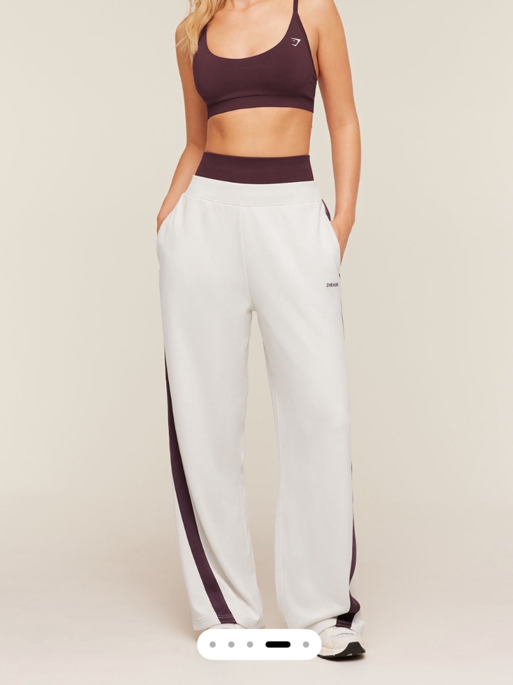 Gymshark Cream Wide Leg Pants with Plum Side Stripes